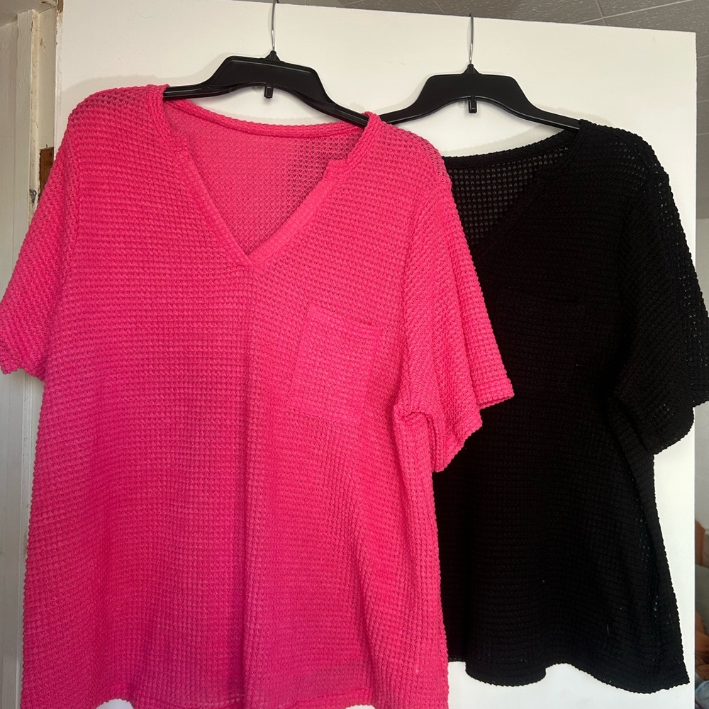 SHEIN Pink and Black Waffle Knit Blouses